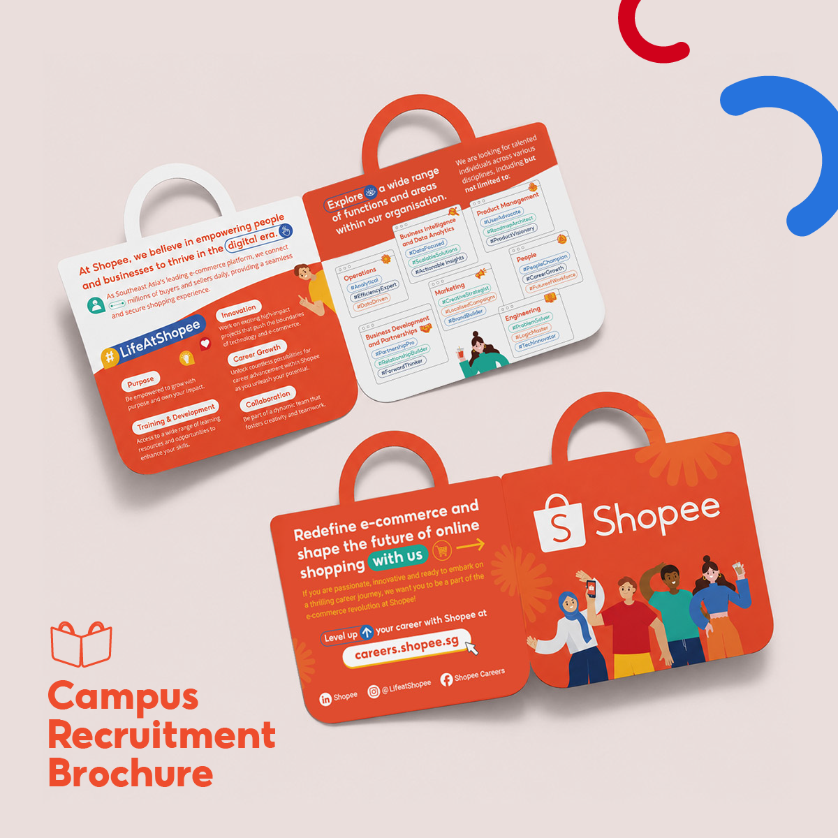 Shopee Campus Recruitment brochure mockup, folded tote-bag shape